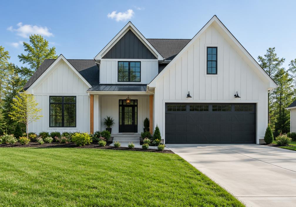 A completed spec house with a driveway and front lawn